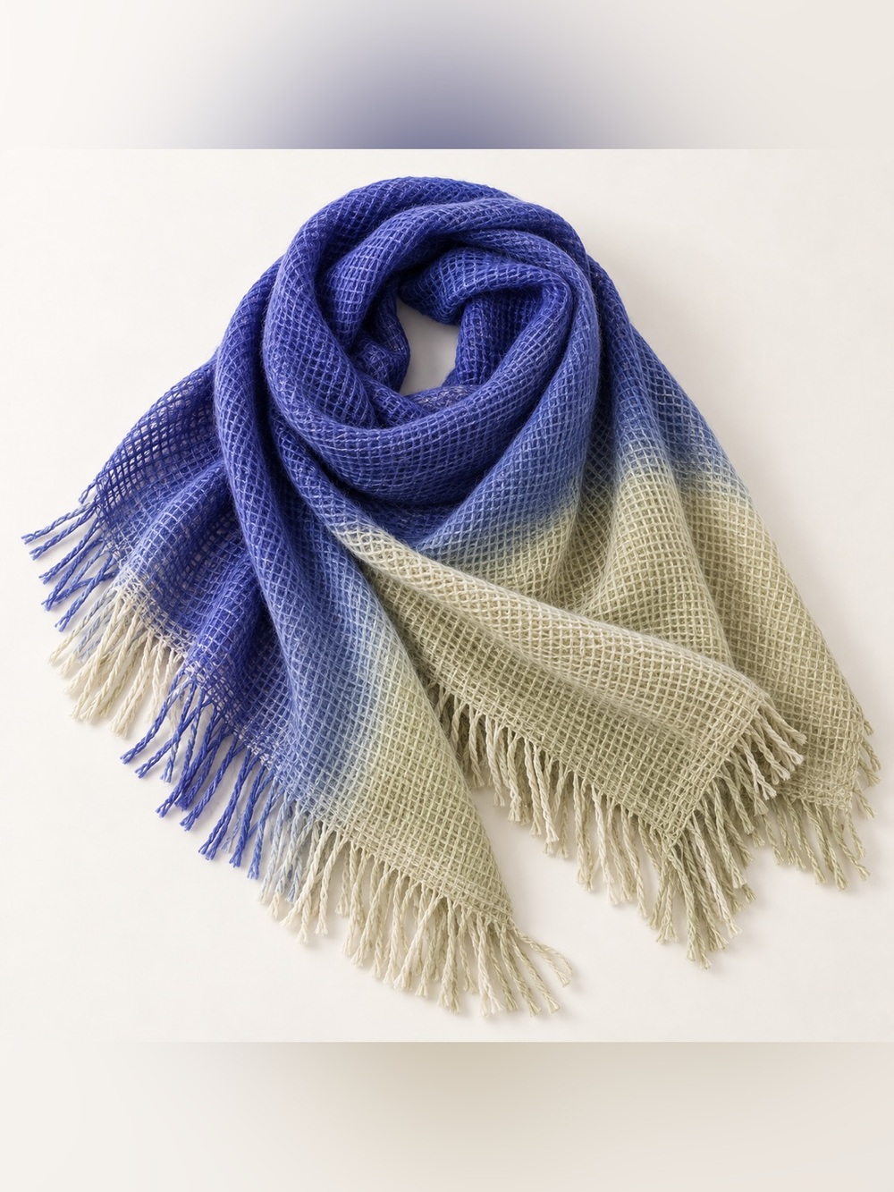 100% Wool Square Scarf Shawl Blue Green Ombre Fringe 39.4” x 39.4”